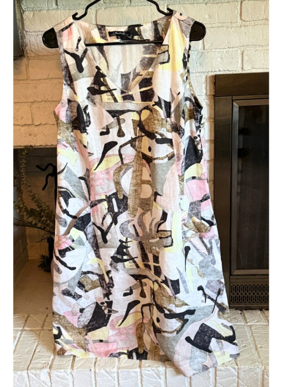 Charlie B 100% Linen Sleeveless Abstract Print Shift Dress Artsy Large